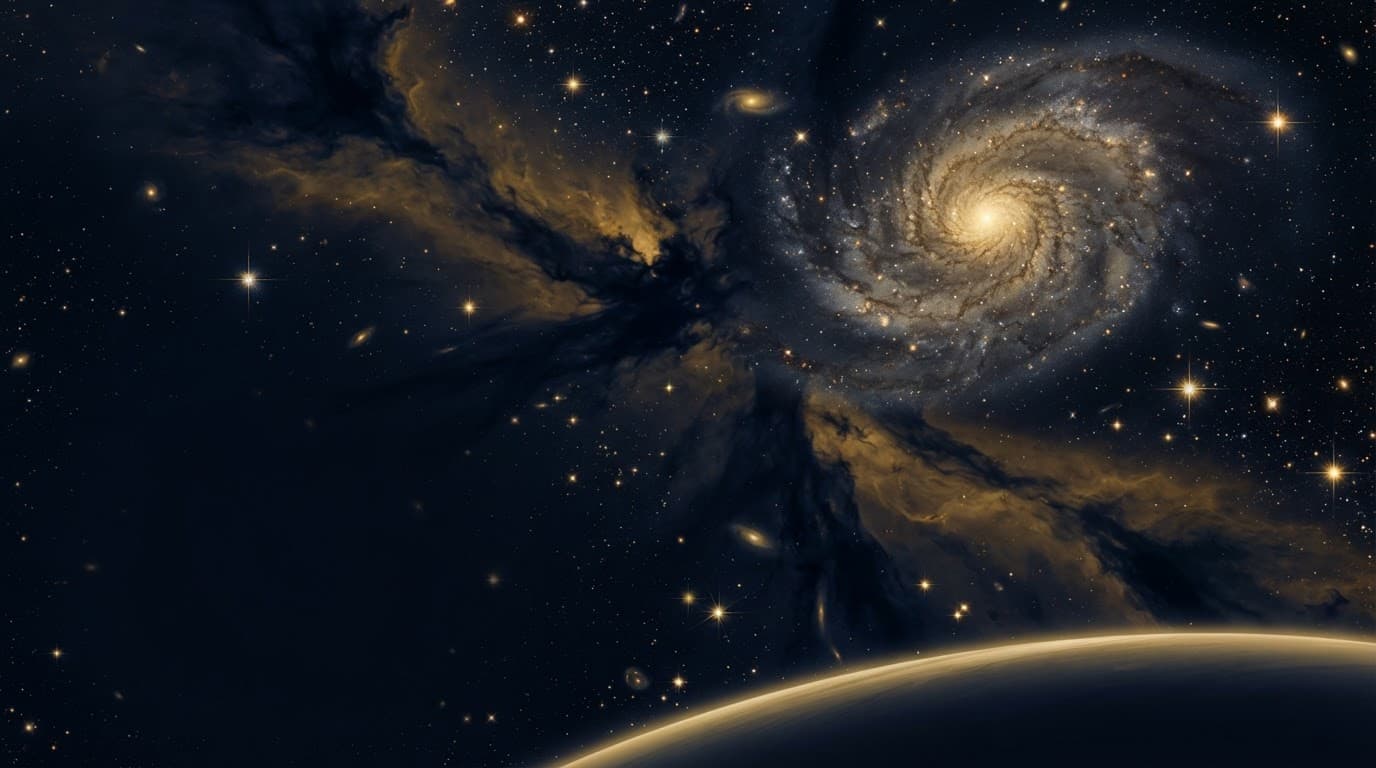 A deep navy nebula scattered with starlight above the curve of a distant planet