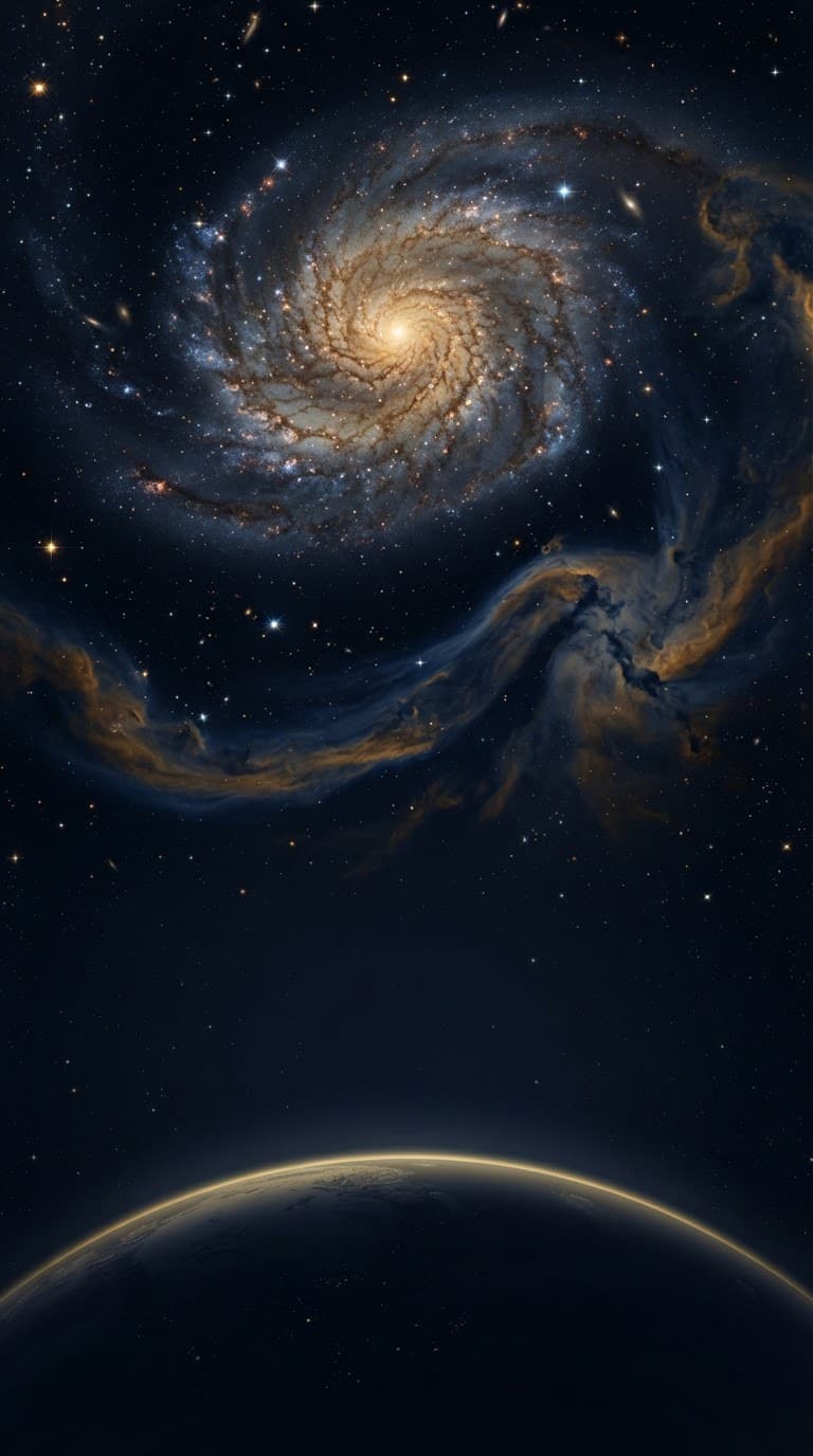 A deep navy nebula scattered with starlight above the curve of a distant planet